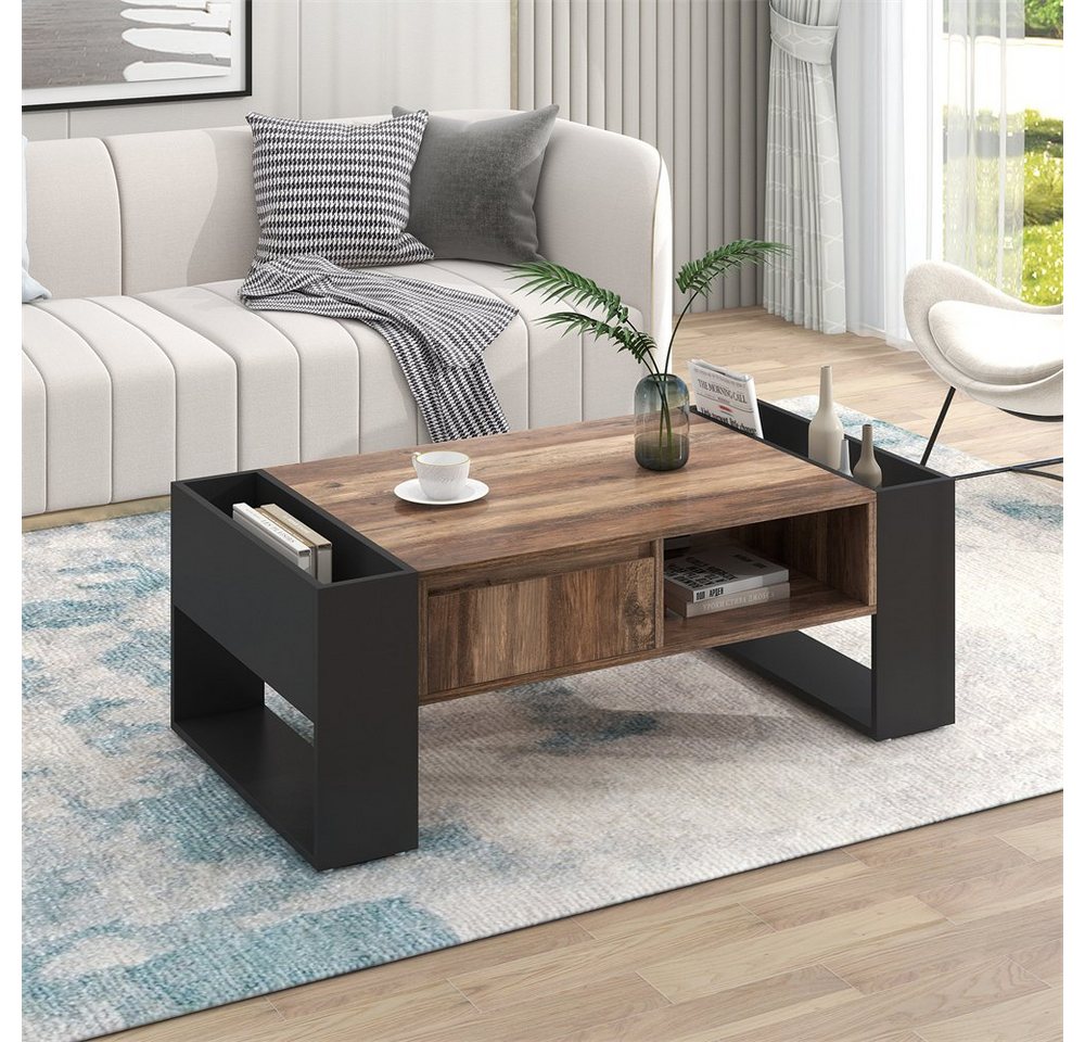 XDeer Couchtisch Wohnzimmer Sofatisch Holzmaserung Anthrazit 106.4 x 40x 60 cm, Mit Grifflose Schublade Doppelseitiger Stauraum von XDeer