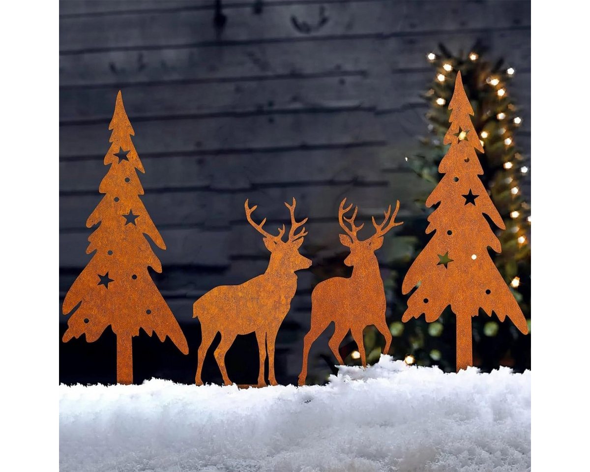 XDeer Dekofigur 4 Stück Gartenstecker Beetstecker 2X Elch + 2X Weihnachtsbaum (4 St), Rost Deko Weihnachten Herbst Winter Weihnachten Außen von XDeer