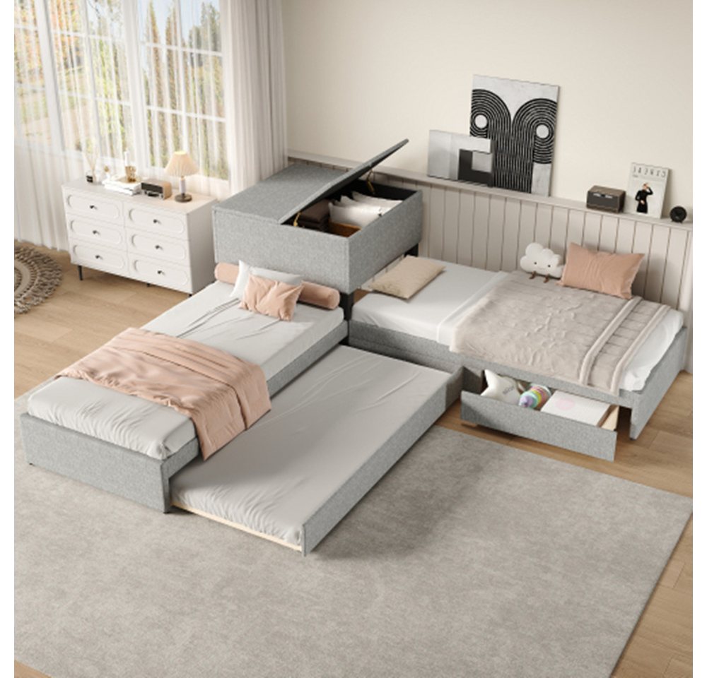 XDeer Einzelbett Eckbett,zwei Einzelbett mit Ausziehbett, Polsterbett, Funktionsbett, mit Stauraum,mit Stauraumschrank 90x200 cm,ohne Matratze von XDeer