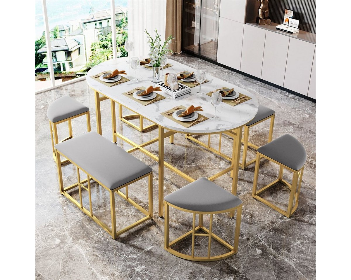 XDeer Essgruppe Esszimmer Tischgruppe(7-tlg,Gold,140*70*76cm)Küchentischset, aus Stahlrahmen,Küchentischset mit 2 Bänker und 4 Hocker von XDeer