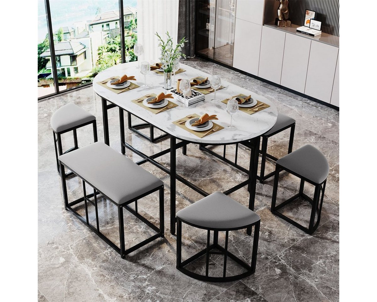XDeer Essgruppe Esszimmer Tischgruppe(7-tlg,Gold,140*70*76cm)Küchentischset, aus Stahlrahmen,Küchentischset mit 2 Bänker und 4 Hocker von XDeer