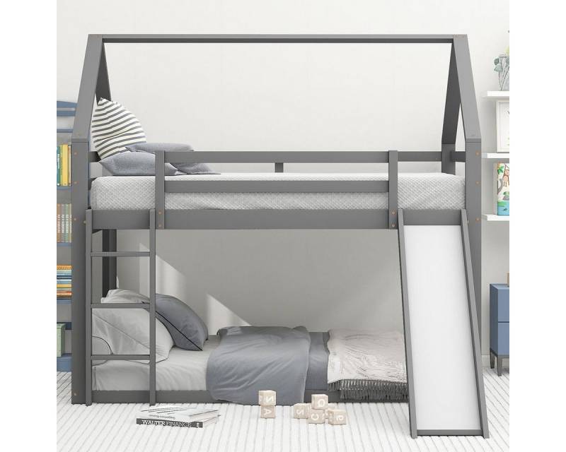 XDeer Etagenbett Doppelbett Kinderbett Hausbett Etagenbett Kinderzimmer, mit Rutsche Leiter Hoch Doppel Stockbett Grau 140x200cm von XDeer