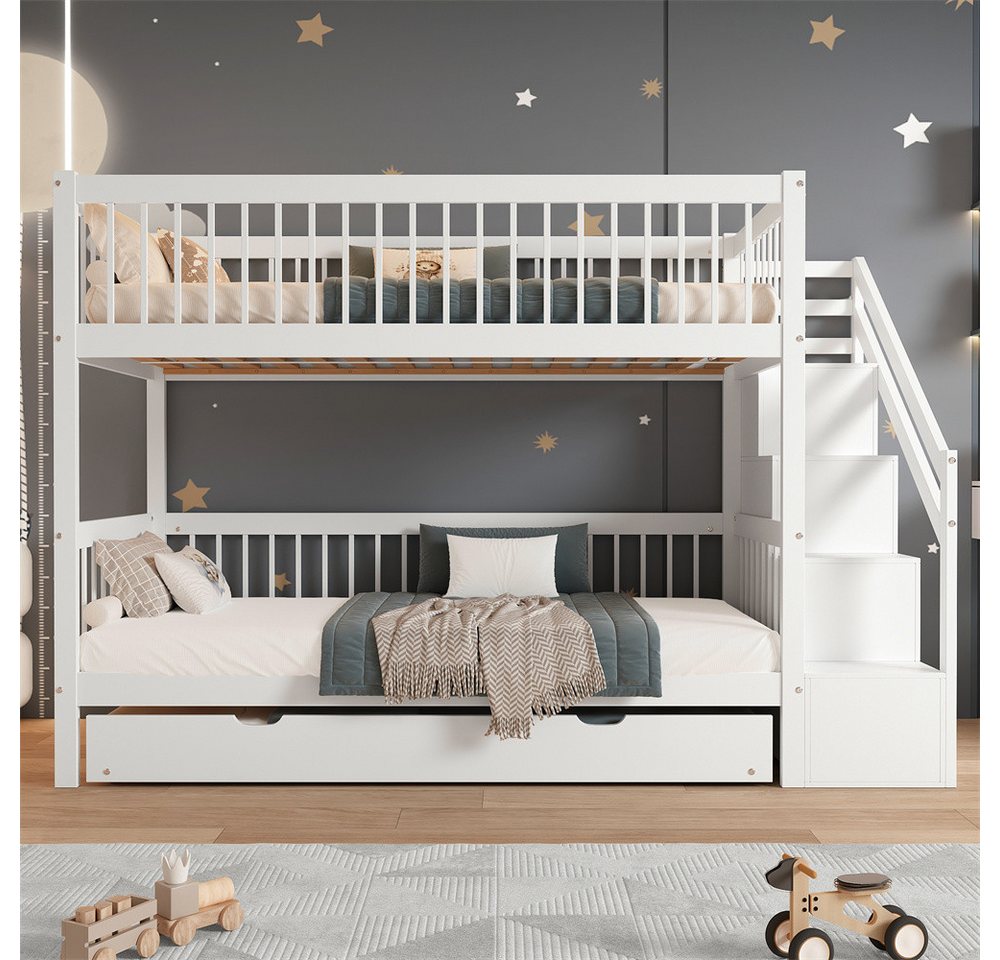 XDeer Etagenbett Etagenbett mit Rollbett, Kinderbett mit Leiterschrank und Handlauf, mit Fallschutzgitter an allen Seiten, Kiefer+MDF, Wei? von XDeer