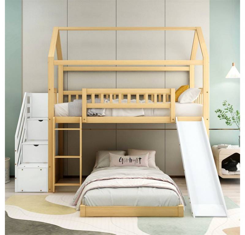 XDeer Etagenbett Etagenbett mit Treppe mit Handlauf und rechtwinkliger Leiter, Treppe mit Stauraum, Hausbett mit Rutsche von XDeer