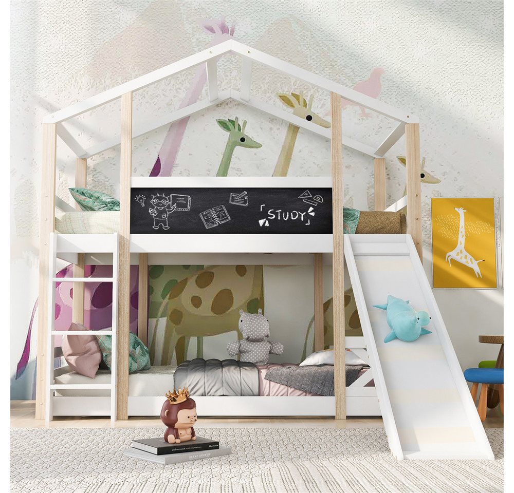 XDeer Etagenbett Kinderbett Baumhaus mit Rutsche & Leiter 90 x 200 cm, Hochbett für Kinder– 2x Lattenrost- Natur & Weiß von XDeer