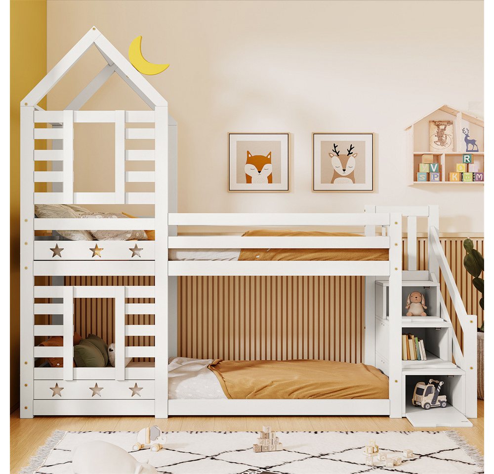 XDeer Etagenbett Kinderbett Baumhaus mit Schublade und Rausfallschutz, 90 x 200 cm, Hochbett für Kinder– 2x Lattenrost- Weiß von XDeer