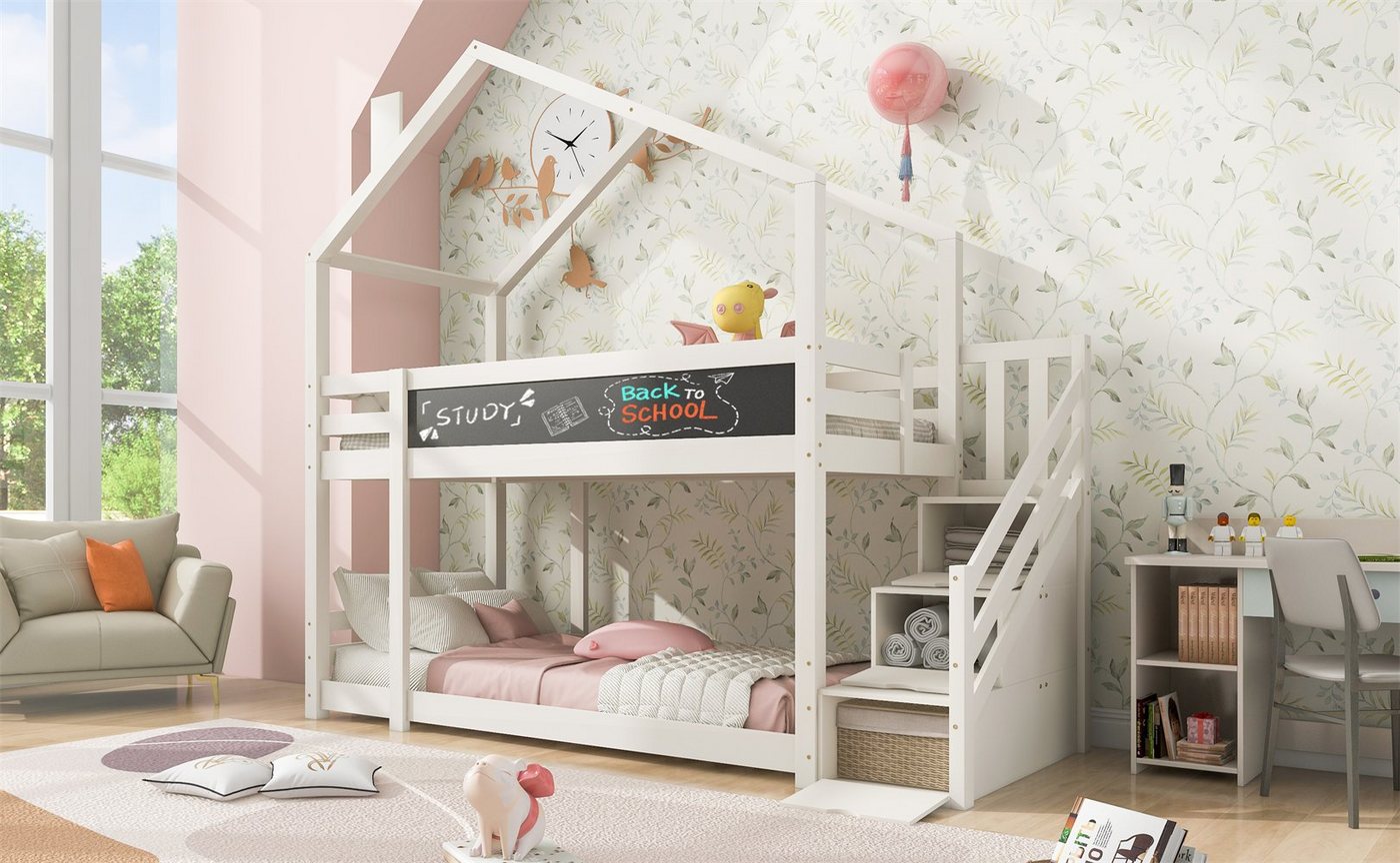 XDeer Etagenbett Kinderbett mit Stauraumtreppe und Rausfallschutz 90 x 200 cm, Hochbett Baumhaus für Kinder inkl.Tafel– 2x Lattenrost- Weiß von XDeer