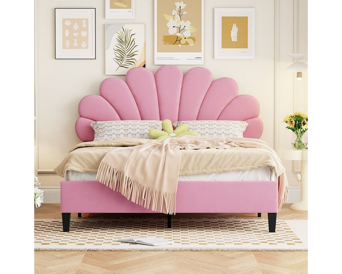 XDeer Etagenbett Polsterbett Doppelbett Bettrahmen Mit Blumenförmigem Kopfteil, Und Lattenrost Erwachsenen-Jugendbett Gästebett Samtstoff Rosa von XDeer