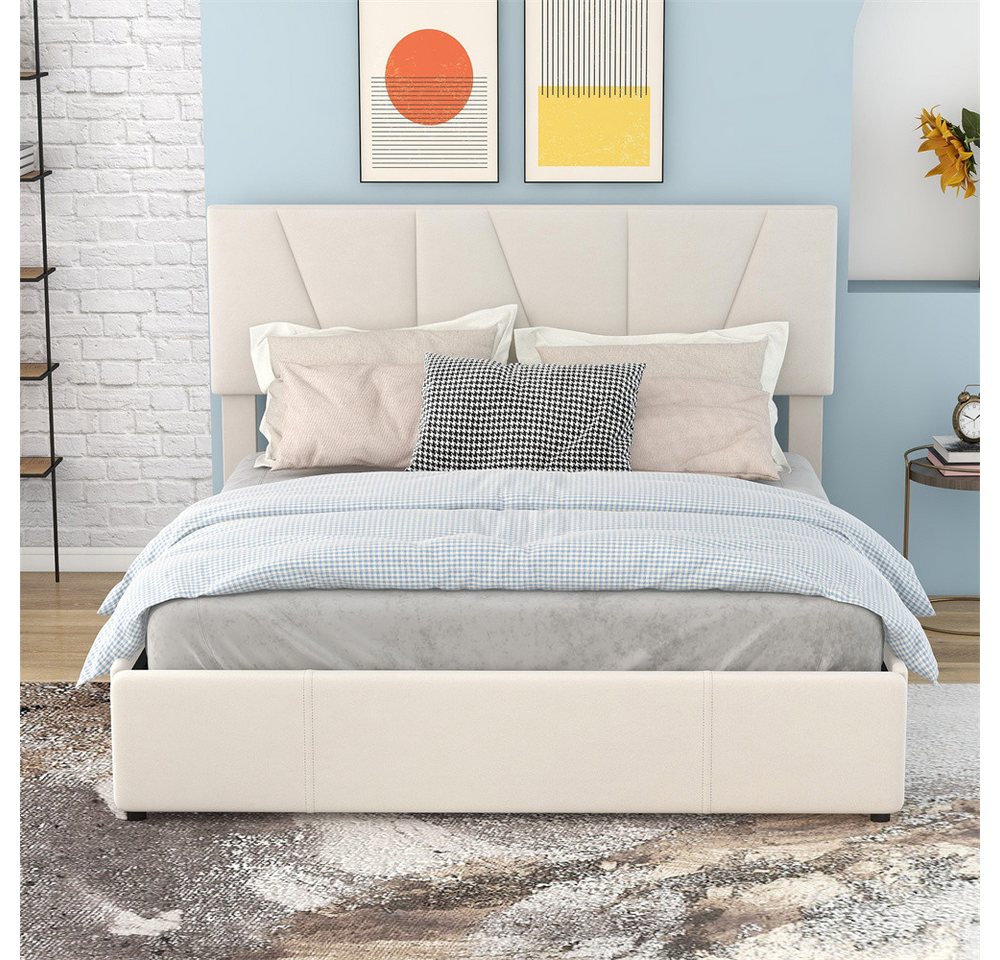XDeer Funktionsbett Double Size Polster Plattform Bett mit vier Schubladen auf zwei, Seiten,Verstellbares Kopfteil,Beige(140*200cm) von XDeer