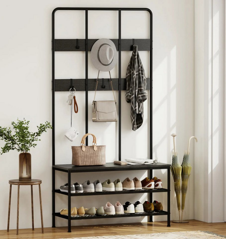 XDeer Garderobenständer 3-in-1 Garderobenständer, Schuhregal, Kleiderhaken, Sitzbank, Schuhregal, Metall, Schwarz von XDeer