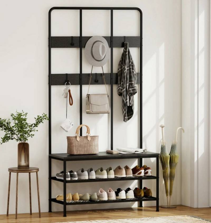 XDeer Garderobenständer 3-in-1 Garderobenständer, Schuhregal, Kleiderhaken, Sitzbank, Schuhregal, Metall, Schwarz von XDeer