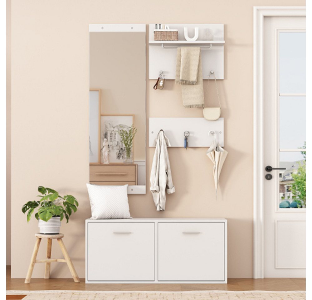 XDeer Garderobenständer Garderoben-Set 4-teilig mit Spiegel,2 Hutablage und Schuhschrank, Flur Garderobenständer Kleiderständer Set,mit Kleiderhaken 90*30*41.5c von XDeer
