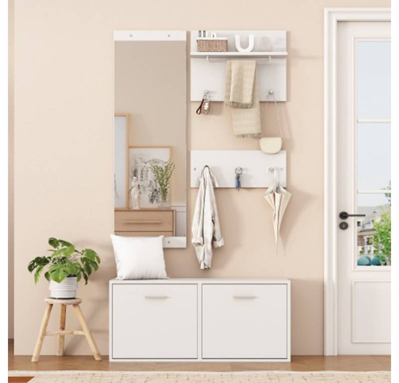 XDeer Garderobenständer Garderoben-Set 4-teilig mit Spiegel,2 Hutablage und Schuhschrank, Flur Garderobenständer Kleiderständer Set,mit Kleiderhaken 90*30*41.5c von XDeer