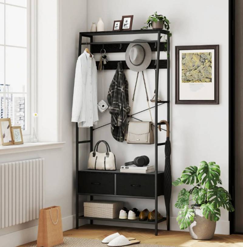 XDeer Garderobenständer Garderobenständer mit Schuhregal, Kleiderständer im, Industrie-Design,Schuhaufbewahrung, 8 Haken, Metallrahmen von XDeer