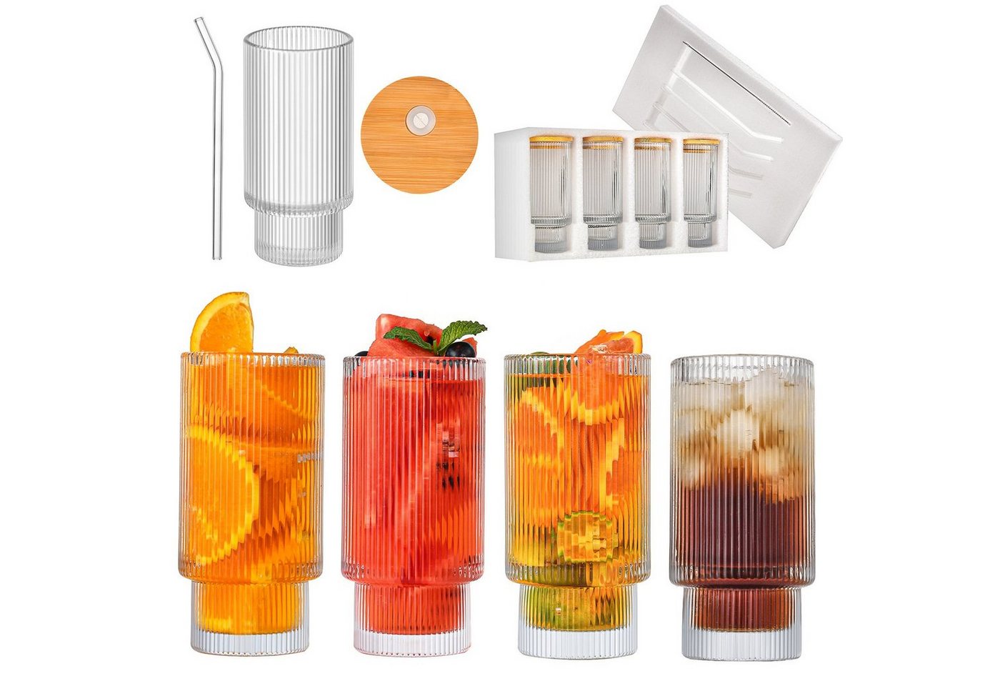 XDeer Gläser-Set [4 PACK, 350 ML] Gerippte Glasbecher mit Strohhalmen,Stapelbare, Stapelbare Glaswaren,Origami-Stil Glasbecher von XDeer