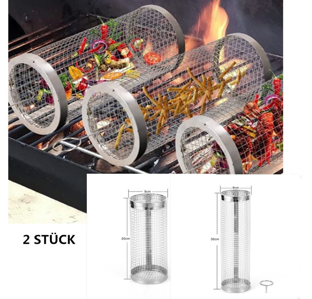 XDeer Grillspieß 2 STÜCK Rolling Grillkorb mit Gabel - Grilling Basket Edelstahl Grill, Griff, BBQ Grill Rack für Außengrill Gemüse,Grillhalter für Pommes von XDeer