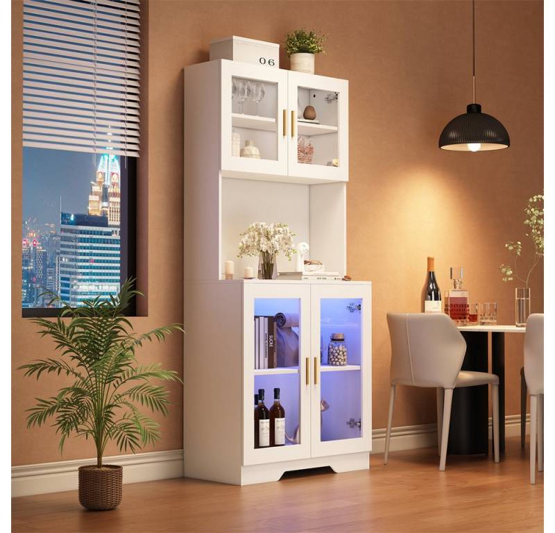 XDeer Highboard Hochschrank Esszimmer Modernes weißes Hochregal, 4 Glastüren, Trennwänden 80*170*24cm, Hochschrank mit LED-Licht, Vitrine von XDeer