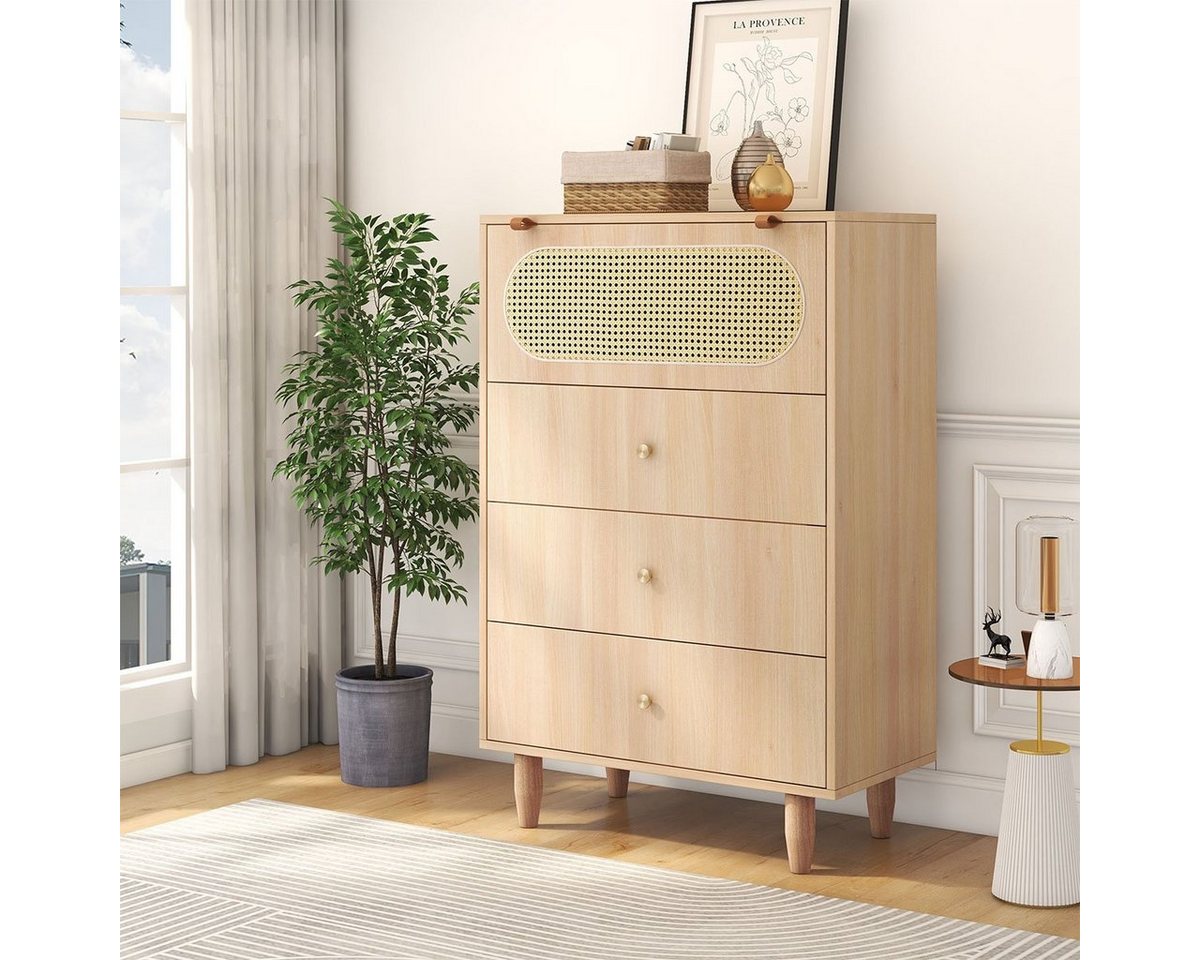 XDeer Highboard Hohe Holzanrichte Rattantüren Reichlich Stauraum Leise, Schließendes Scharnier Mit 3 Schubladen 120 cm Hoch von XDeer