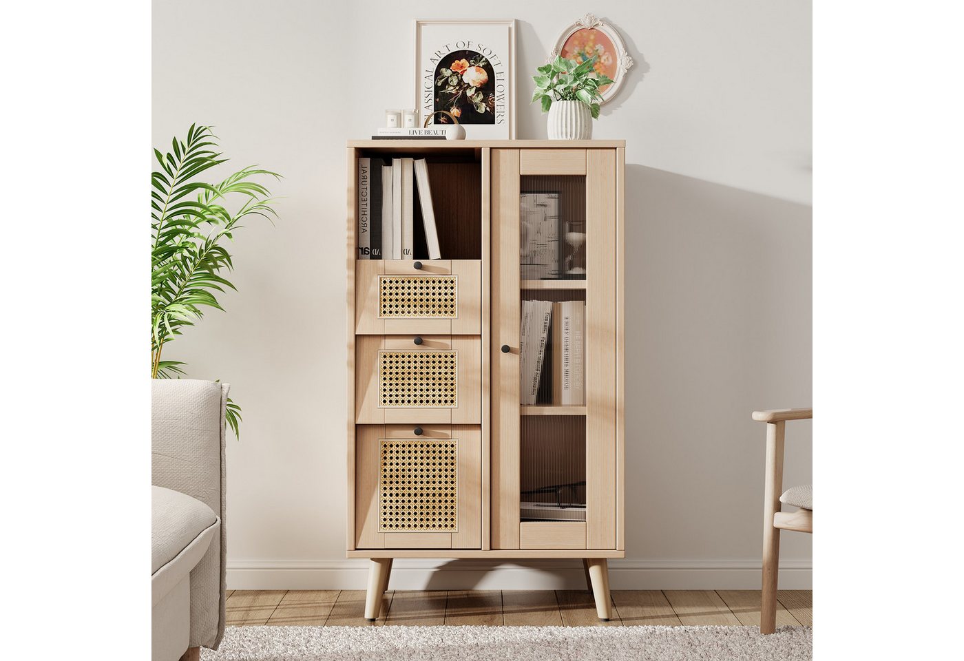 XDeer Highboard Multifunktionales Sideboard 60*40*110 cm 1 Tür mit 3 Schubladen, Rattan Vitrine mit Kippfunktion Bücherregal Stauraum Kommode von XDeer