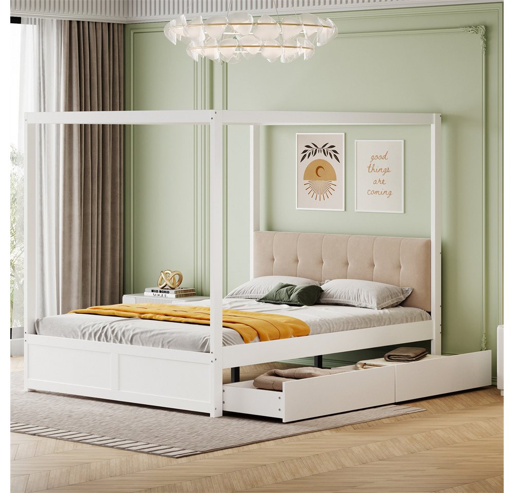 XDeer Himmelbett Himmelbett140*200 cm mit großen Schubladen und weicher, Rückenlehne, Holz bett weiß von XDeer
