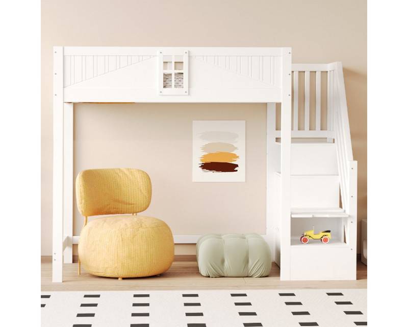 XDeer Hochbett Hochbett mit Fenster und Ablage-Sicherheitsleiter Multifunktionsbett Kinderbett Einzelbett 90x200 cm von XDeer