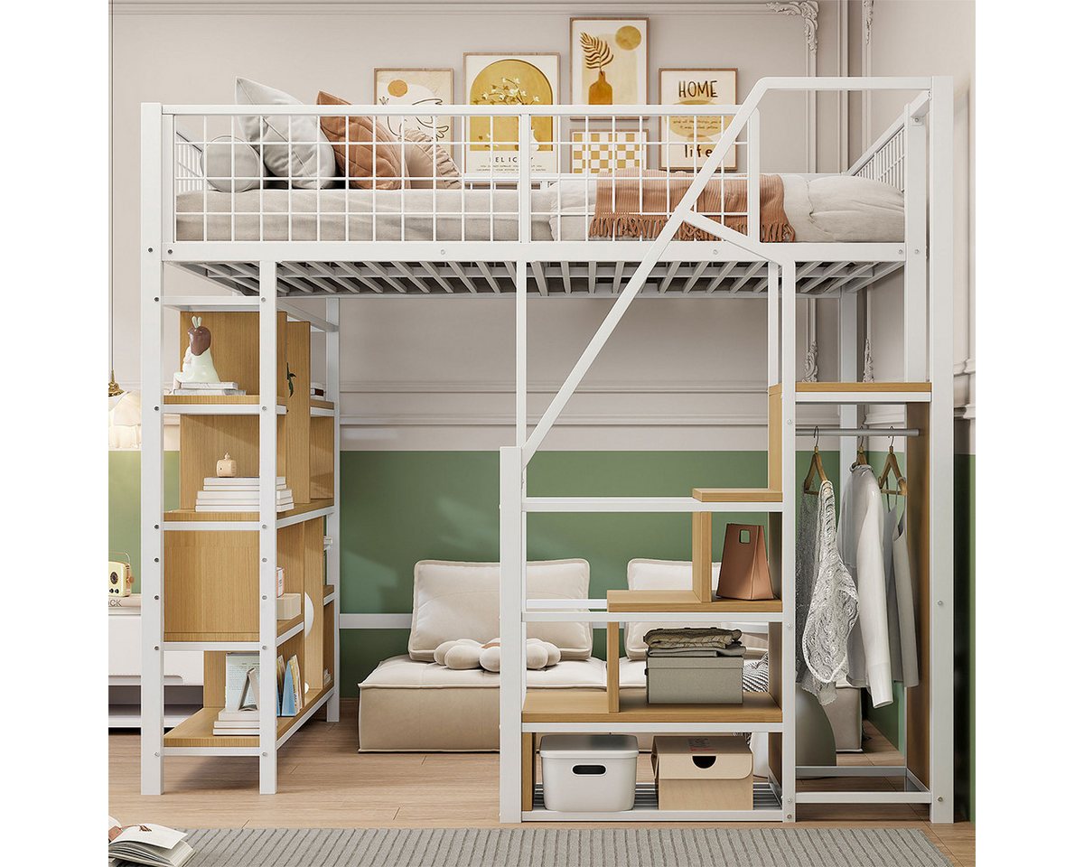 XDeer Hochbett Hochbett mit Stauraum Ablageflächen und Treppe Kinderbett Einzelbett Jugendbett Metallbett 140 x 200 cm Weiß von XDeer