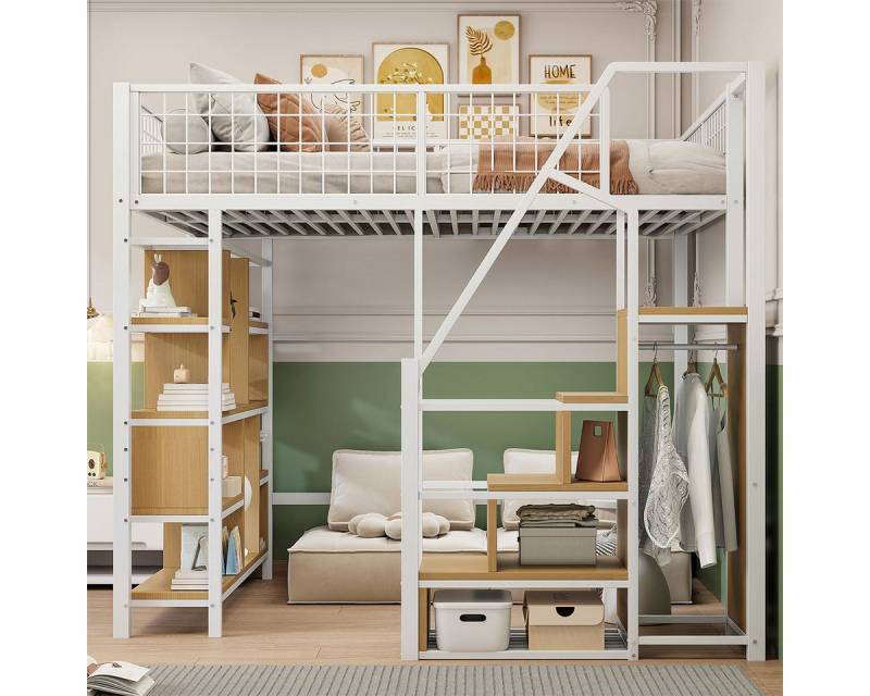 XDeer Hochbett Hochbett mit Stauraum Ablageflächen und Treppe Kinderbett Einzelbett Jugendbett Metallbett 140 x 200 cm Weiß von XDeer