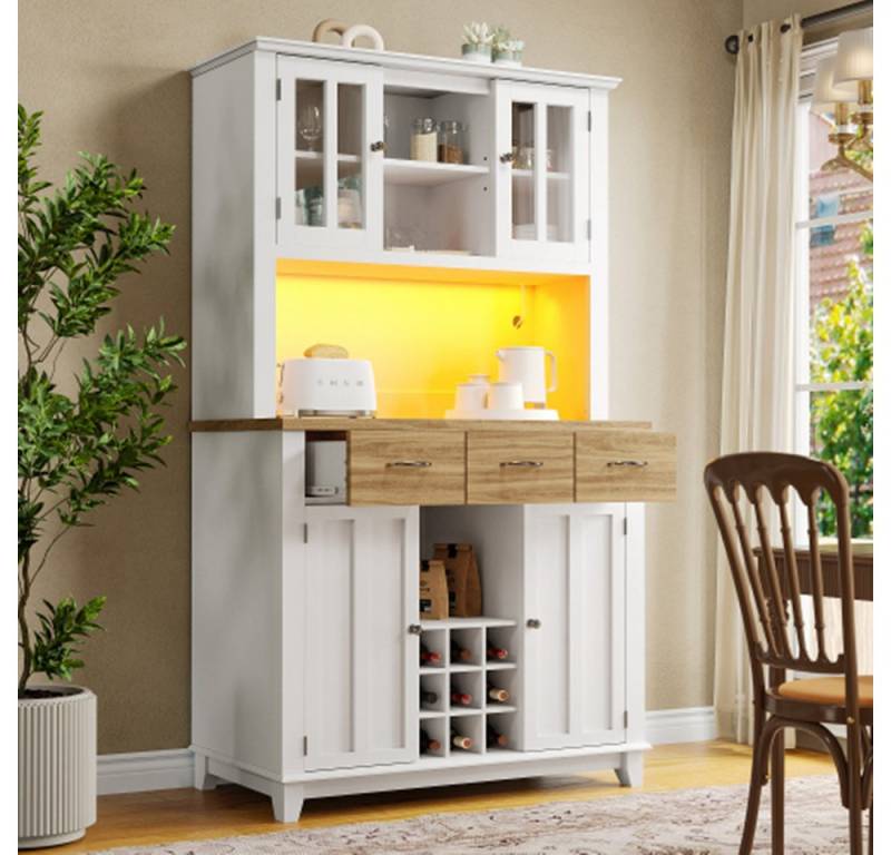 XDeer Hochschrank Küchenschrank, Hochschrank Küchenbuffet, Vitrinenschrank, Buffetschrank mit Verstellbaren Ablagen, mit LED-Beleuchtung von XDeer