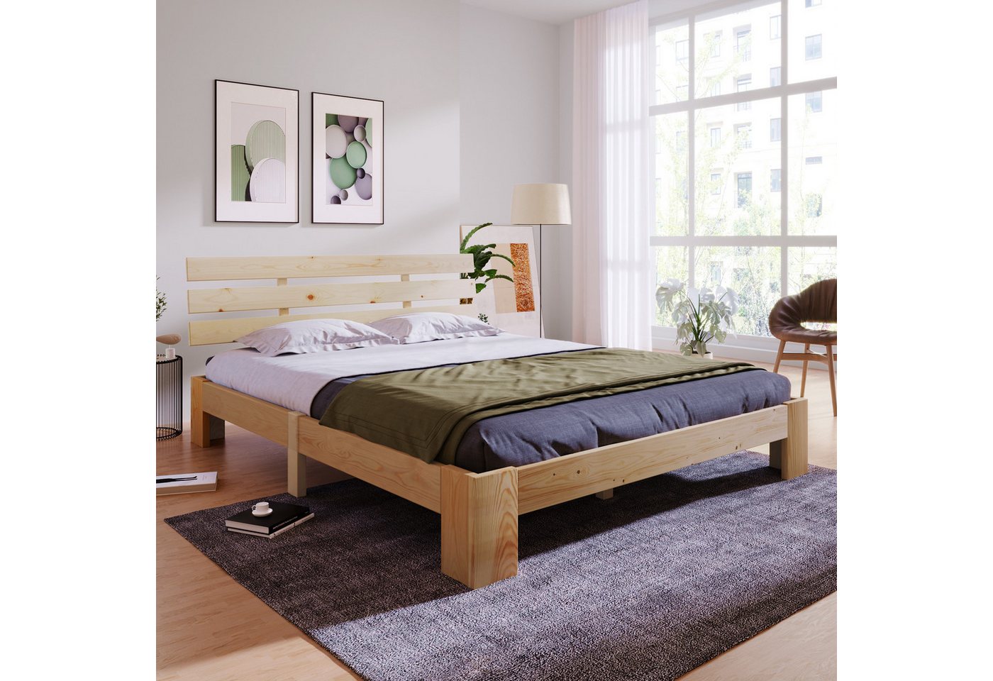 XDeer Holzbett Doppelbett mit Kopfteil aus Bettgestell Lattenrost-200 x 140 cm, Massivholz FSC Massiv Doppelbett als Kieferbett verwendbar von XDeer