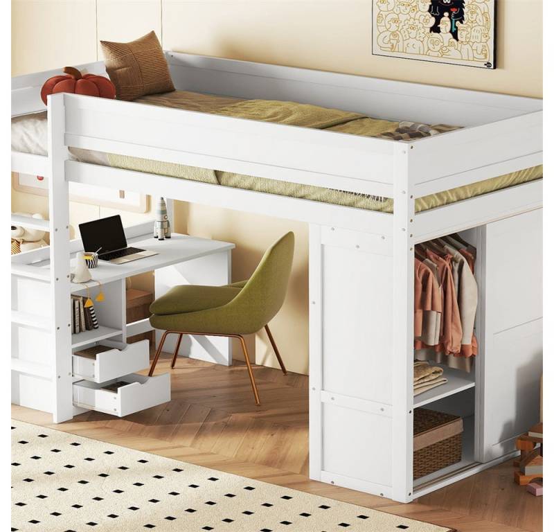 XDeer Jugendbett 90*200cm Hochbett, vielseitiges Kinderbett, ausgestattet, mit Kleiderschrank, Schreibtisch und Schubladen von XDeer