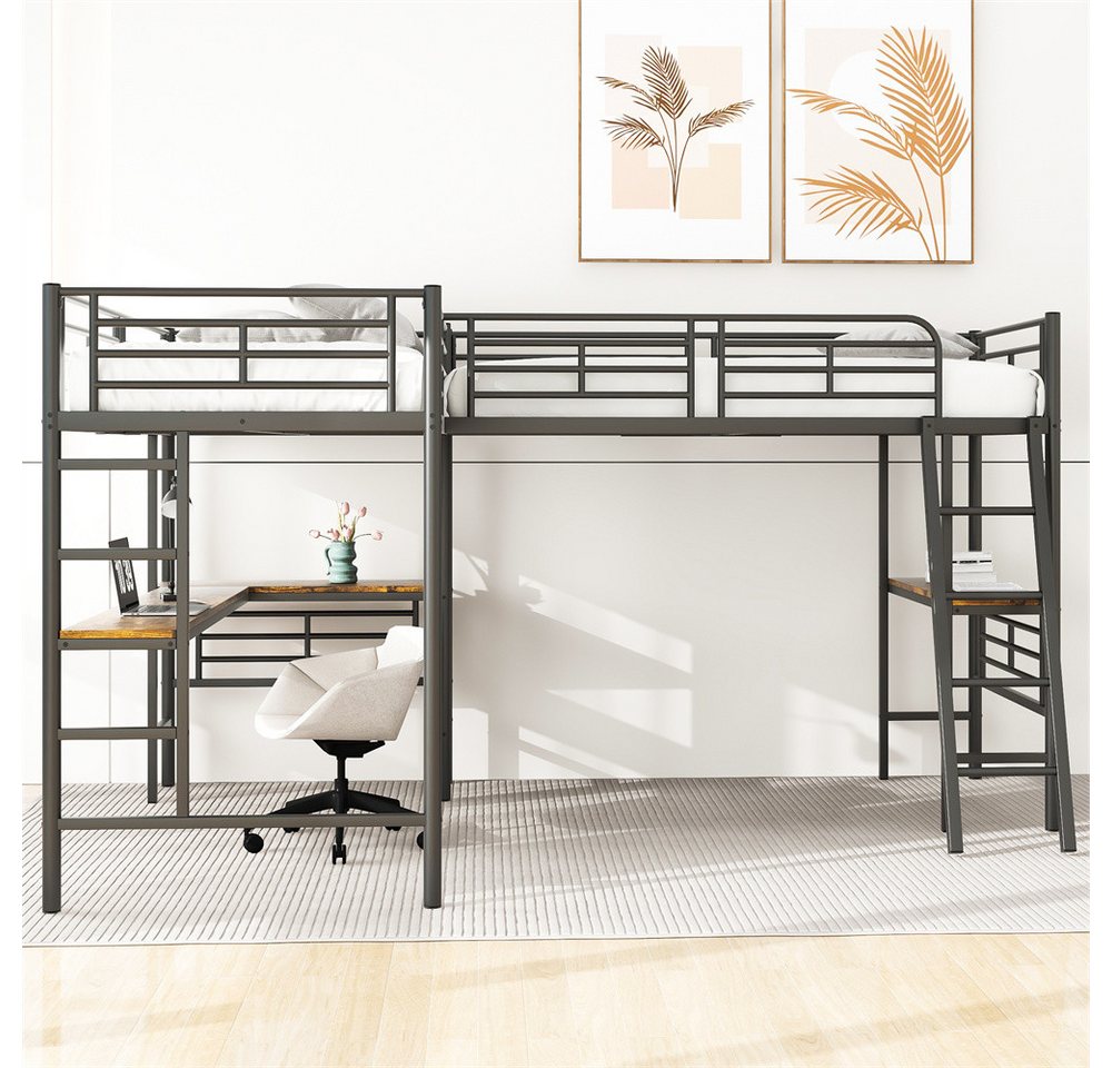 XDeer Jugendbett 90*200cm Hochbett, zwei Etagenbetten, Tisch unter dem Bett, Doppeltreppe, hohes Geländer, schwarz von XDeer