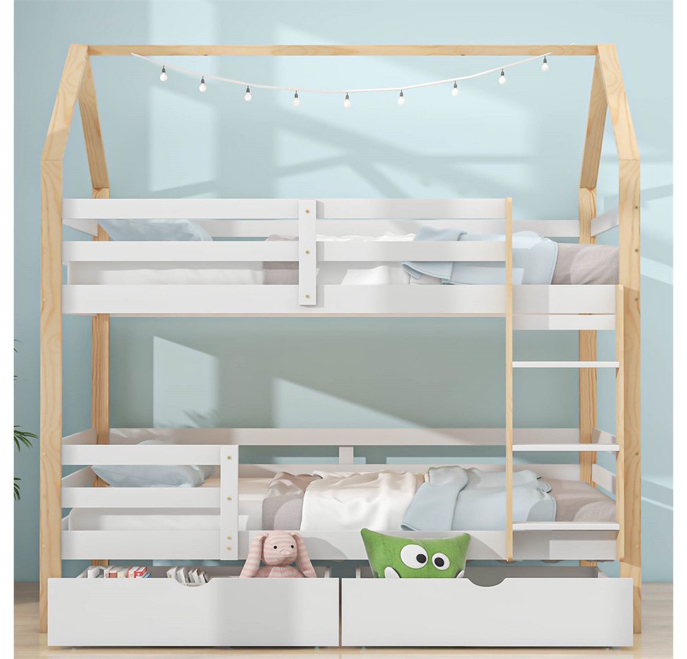 XDeer Jugendbett Ins und aus dem Bett kommen, Doppelbett, Kinderbett in Hausform, große Schubladen, Kiefernholz Haus Bett for Kids ohne Matratze von XDeer
