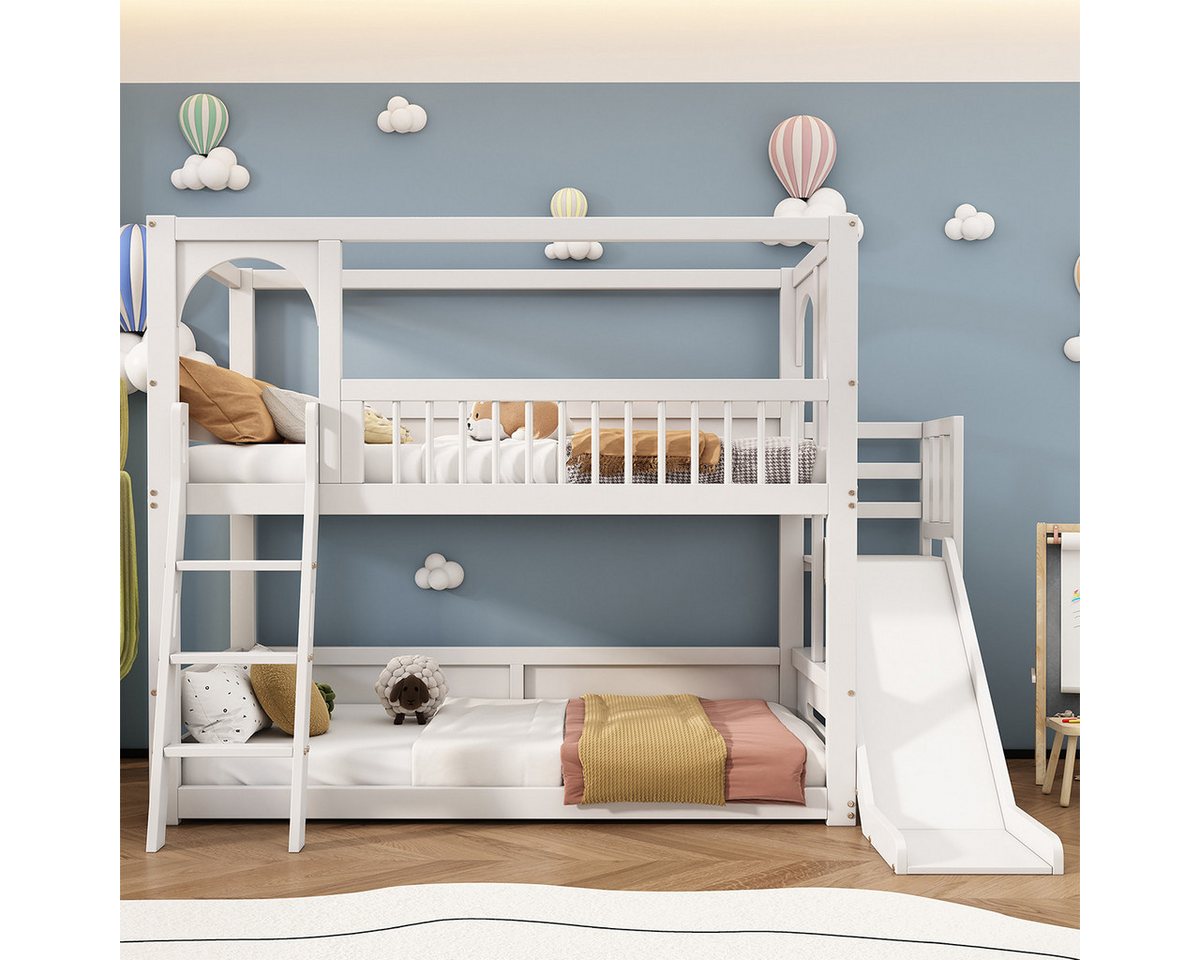 XDeer Jugendbett Kinderbett Multifunktionales Etagenbett mit Regalen Rutsche, ohne Matratze Hausbett Jugendbett Weiß 90*200cm von XDeer