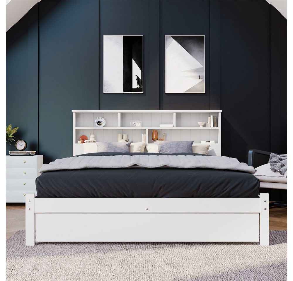 XDeer Jugendbett Massivholz Doppelbett mit Schubladen und Lattenrost, Bücherregal Jugendliche und Erwachsene Kinderbett 140x200cm Weiß von XDeer