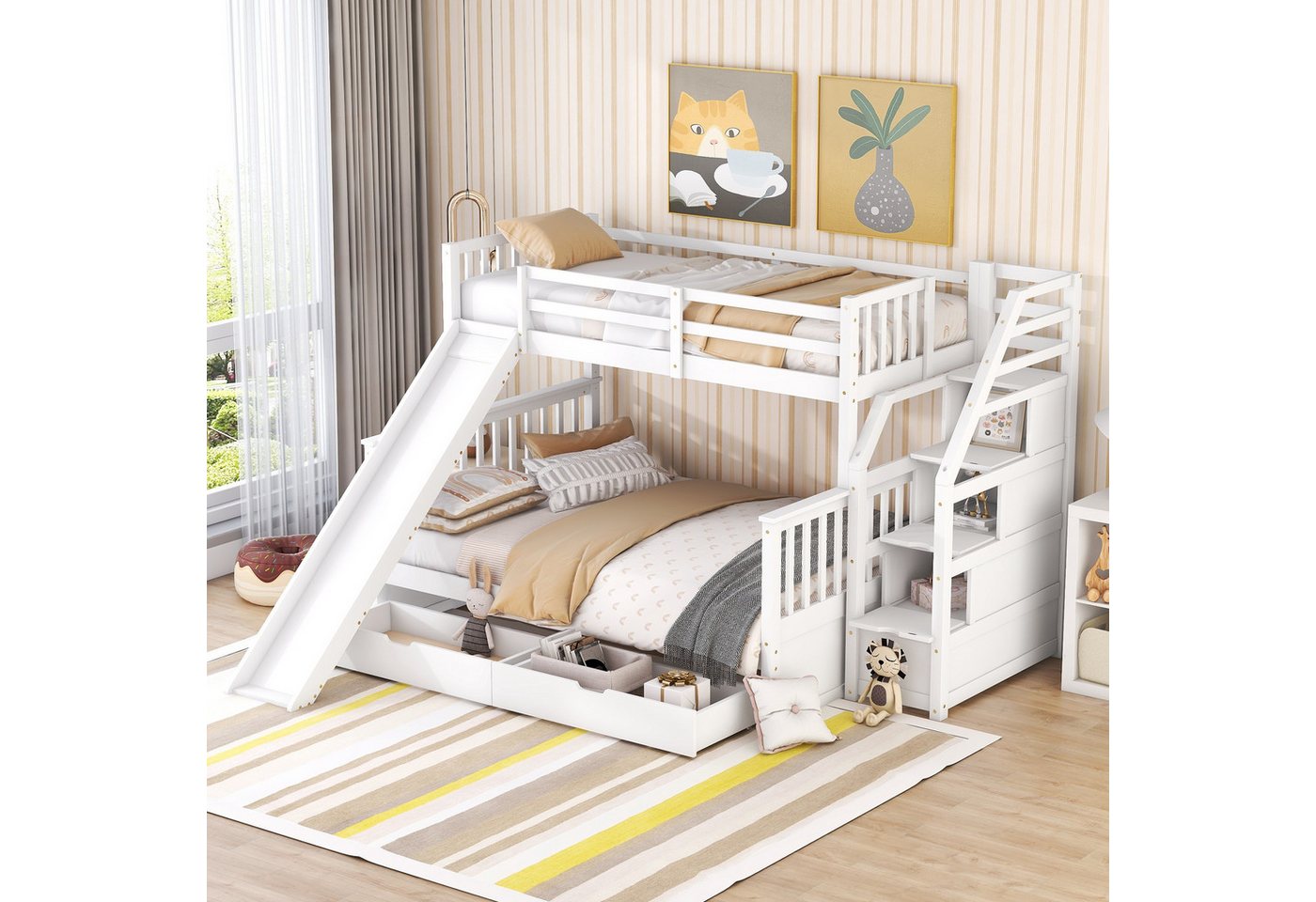 XDeer Kinderbett 90 x 200 über 140 x 200 Etagenbett mit Schubladen, Stauraum und Rutsche, Multifunktional Kinderbett von XDeer