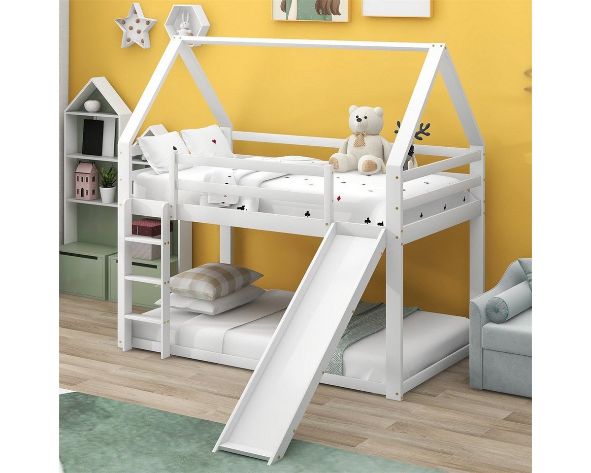 XDeer Kinderbett Doppel-Etagenbett,Hausbett(Weiß,90x200cm)Kinderbett,aus, massivem Kiefernholz mit Rutsche und Leiter,Rausfallschutz von XDeer