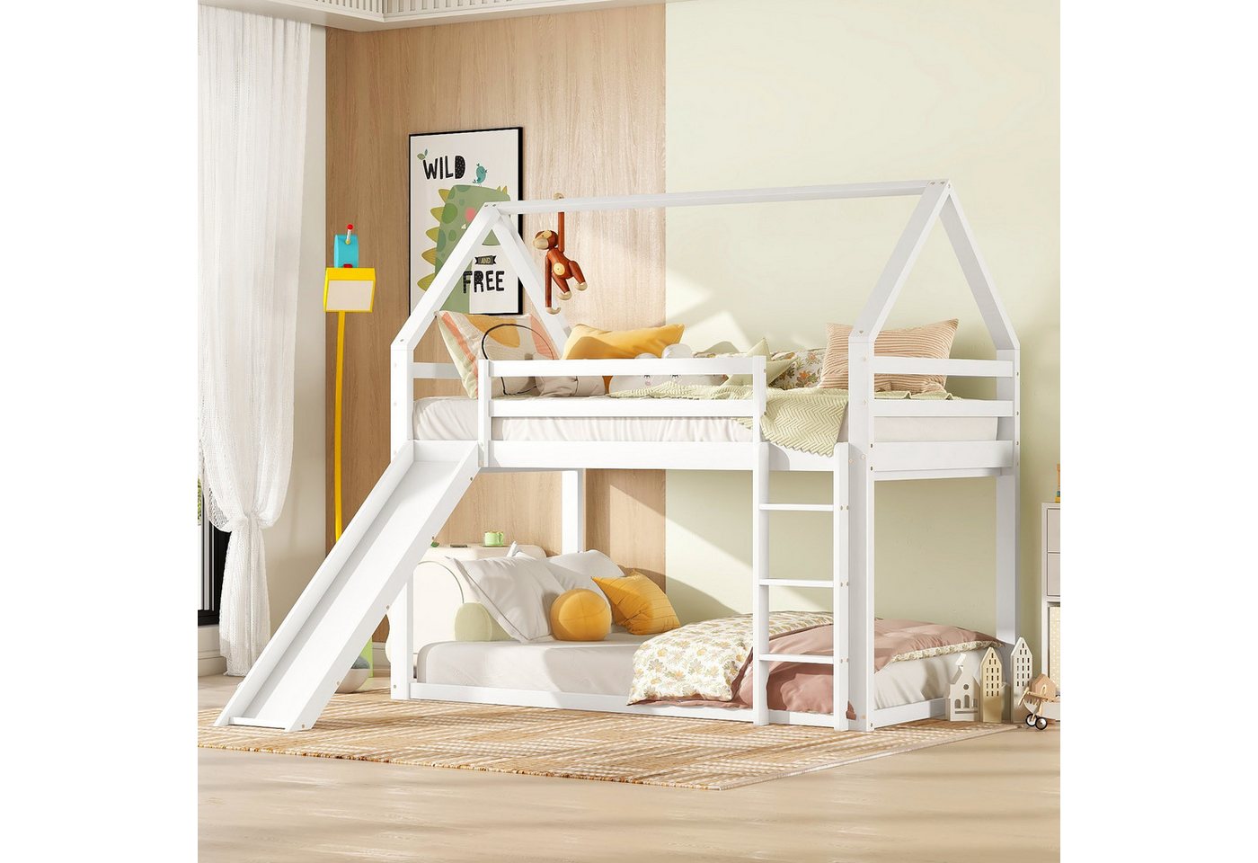 XDeer Kinderbett Einzelbett Kinderbett Hausbett Etagenbett, mit Rutsche und Leiter, Weiß, 90x200cm von XDeer