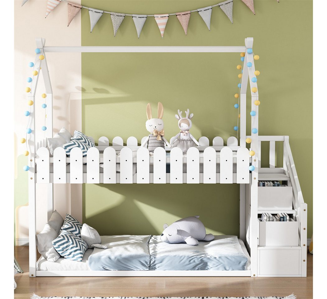 XDeer Kinderbett Etagenbett, mit 3 Treppen, mit 2 Schubladen 200 X 90cm, Kinderbett mit Zaundekor, massivholz, weiß XDeer Kinderbett Etagenbett, mit 3 Treppen, mit 2 Schubladen 200 X 90cm, Kinderbett mit Zaundekor, massivholz, weiß von XDeer