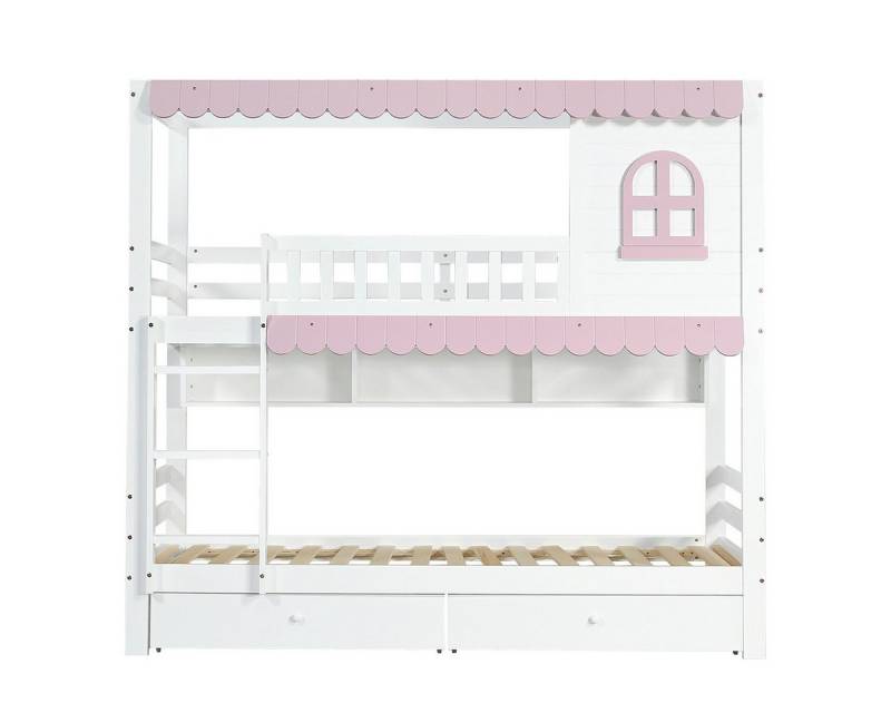 XDeer Kinderbett Etagenbett mit Fenstern Fallschutzgitter Offenes Regal Rosa, Traufe Kinderbett Hausbett Zwei Schubladen mit Rollen 90x200cm von XDeer