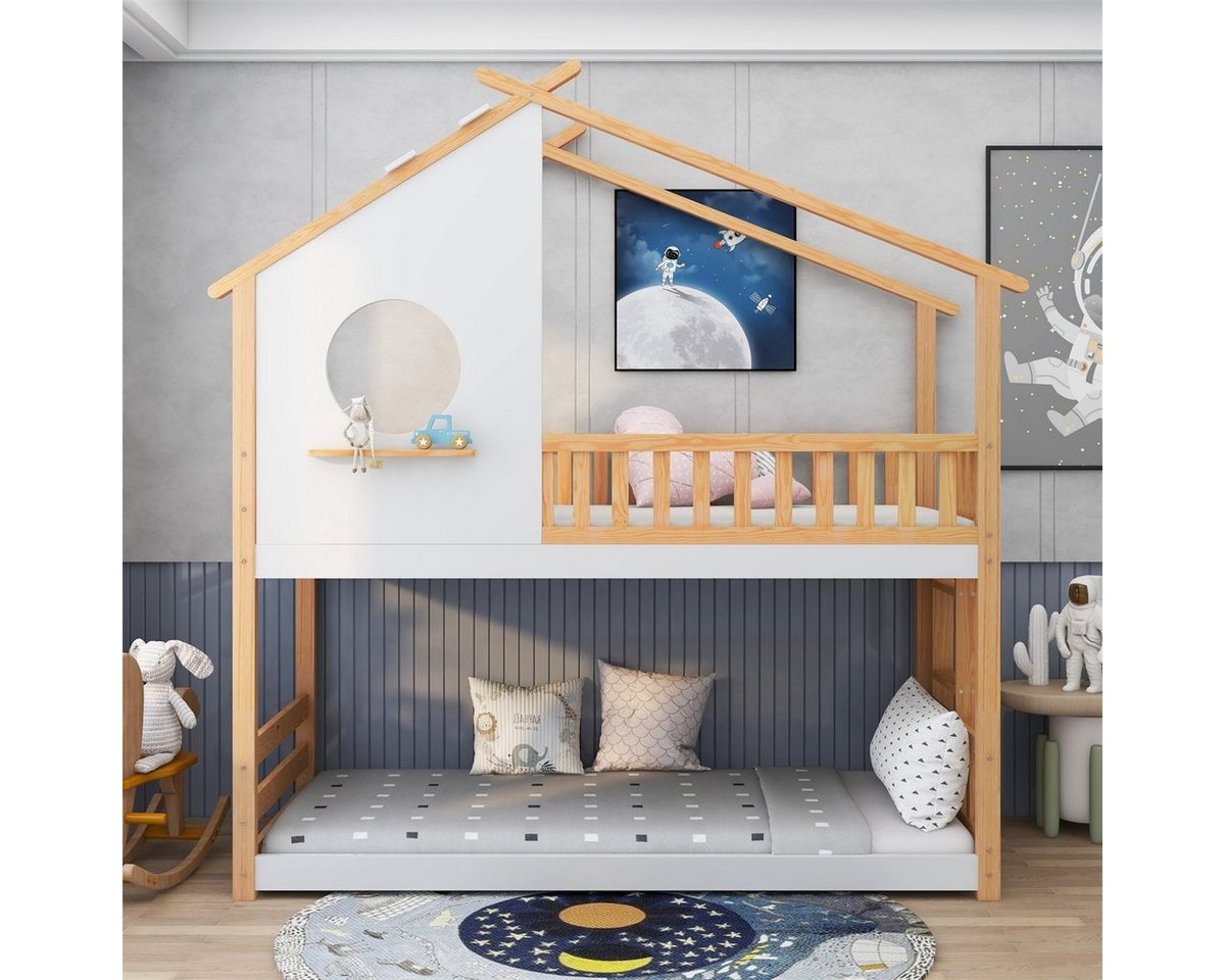 XDeer Kinderbett Hausbett,Etagenbett(weiß,200x90cm)Kinderbett, mit rechtwinkliger Leiter,mit Fallschutz und Barriere von XDeer