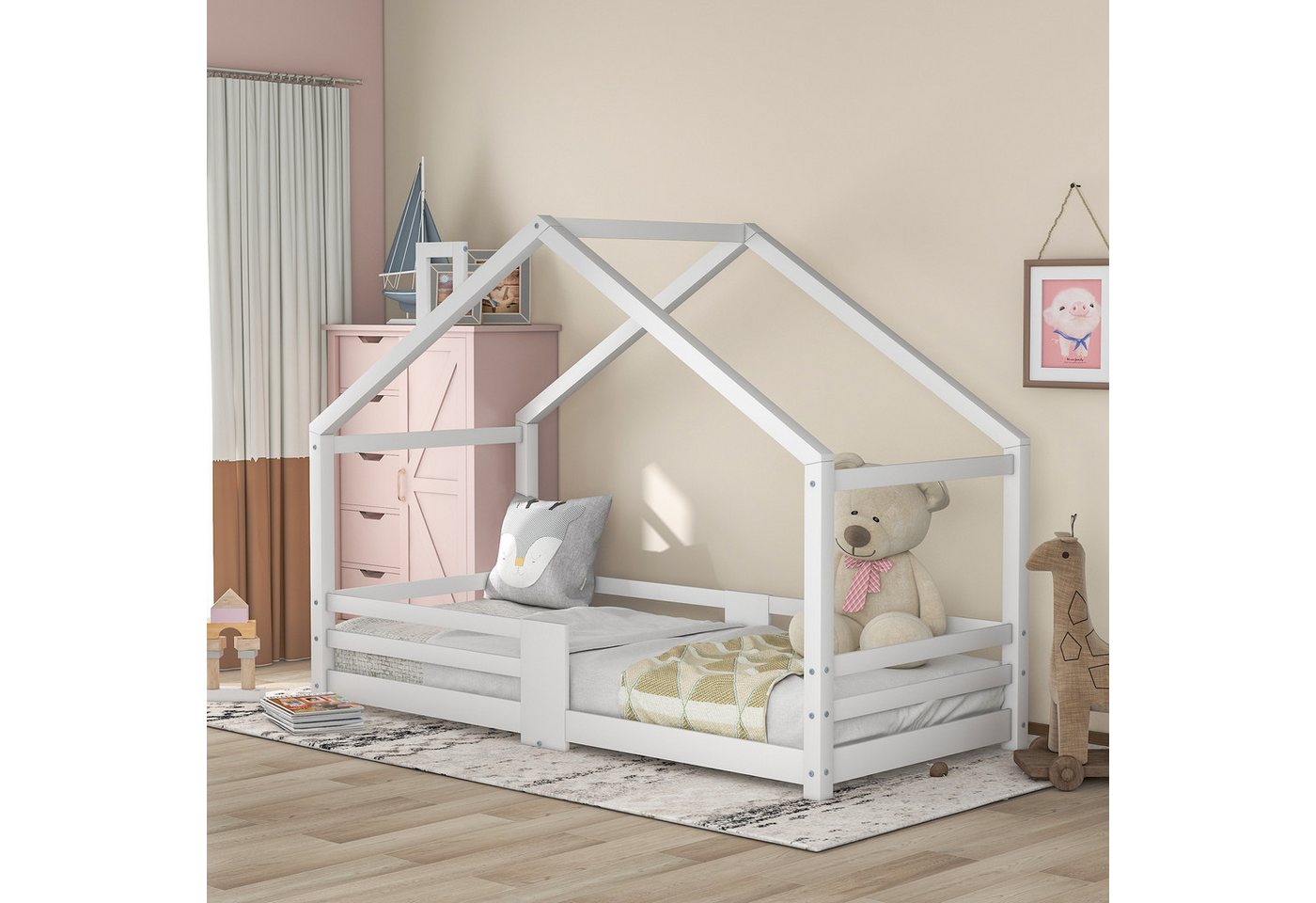 XDeer Kinderbett Hausbett Kinderbett mit Schornstein Rausfallschutz Robuste (1 x Hausbett, 1 x Anleitun, notwendige Werkzeuge), Montessori Lattenroste Kiefernholz Haus Bett 90 x 200 cm von XDeer