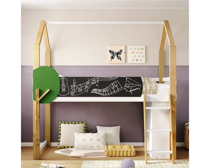 XDeer Kinderbett Hausbett mit baumförmigem Graffiti-Board Leiter beweglichem, Aufbewahrungsschrank Stauraum ohne Matratze Kinderbett von XDeer