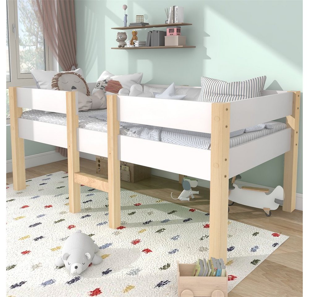 XDeer Kinderbett Jugendbett Rausfallschutz Kiefer Vollholz 90x190 cm Weiß Eiche, Kinderbett für Mädchen und Jungen aus massivem Kiefernholz von XDeer