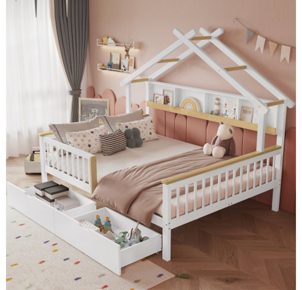 XDeer Kinderbett Kinderbett,Einzigartiges Dachdesign, 2 m Lagerregal, Schubladen auf Rollen, Flachbetten von XDeer