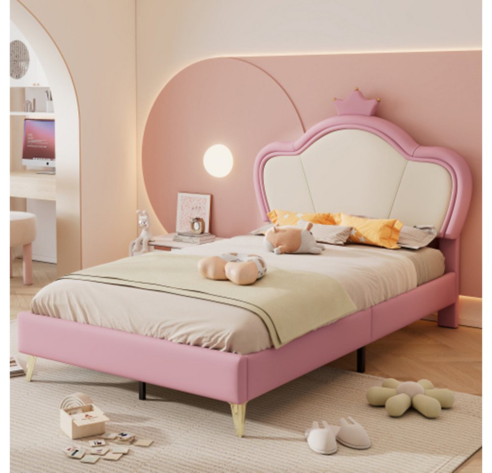 XDeer Kinderbett Kinderbett,Kopfteil mit Krone, Bettfüße aus Metall, Elegantes, gepolstertes Kopfteilprofil, Einzelbett, 90x200cm von XDeer