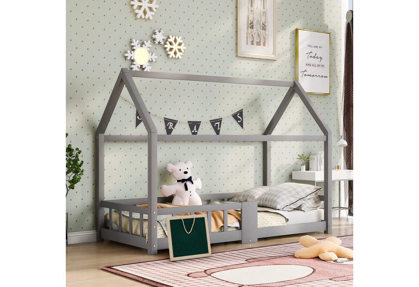 XDeer Kinderbett Kinderbett Hausbett Kiefernholz Kiefern 90 x 200 cm Holzbett (1Hausbett 1bebilderte Anleitung nötigte Montagewerkzeuge), Montessori Kinderzimmer inkl.Tafel Lattenrosten Rausfallschutz von XDeer