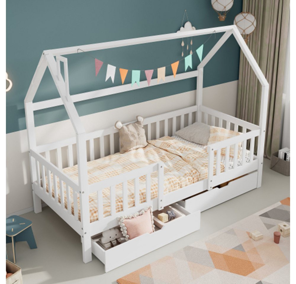 XDeer Kinderbett Kinderbett Hausbett mit Schornstein Aufbewahrungsschubladen, Lattenroste Haus Bett, 90 x 200 cm ohne Matratze von XDeer