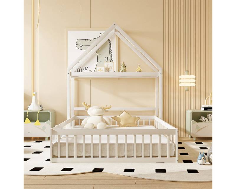 XDeer Kinderbett Kinderbett mit Stauraum Vollschutzgitter und Türen und, Lattenrost Tagesbett Doppelbett aus Massivholz 140 x 200cm Weiß von XDeer