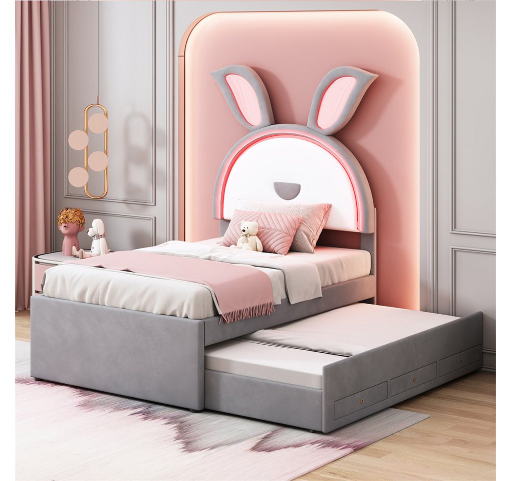 XDeer Kinderbett Polsterbett 90 x 200 cm LED-Licht Samtstoff Multifunktionales, Einzelbett-Schlafsofa mit ausziehbarem Bett, Stauraumschublade von XDeer