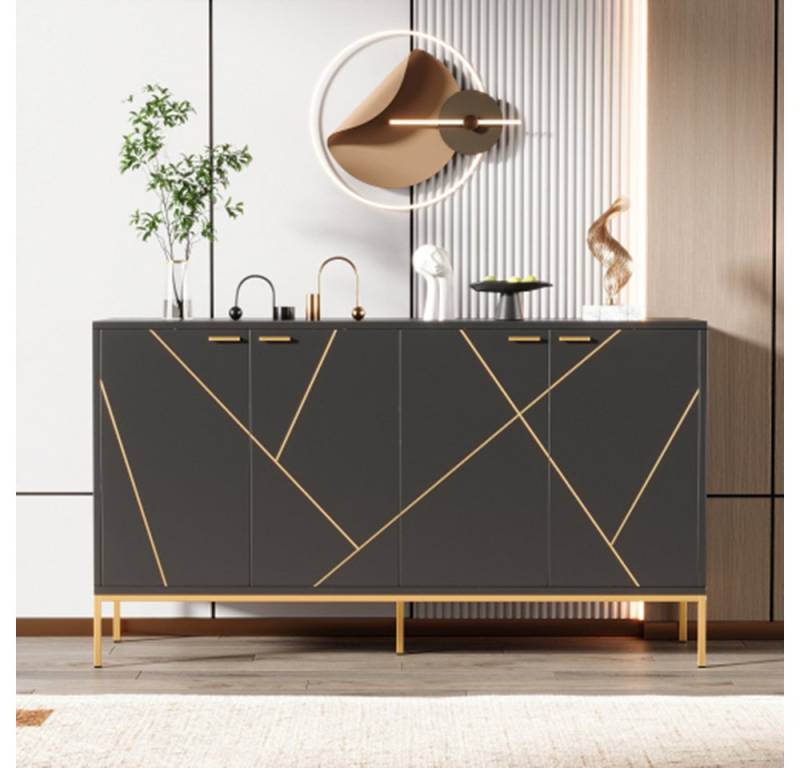 XDeer Kommode Kommode, Sideboard mit vier Türen,TV-Schrank, Kleiderschrank, geradliniges Design mit Metalllinien-Dekor XDeer Kommode Kommode, Sideboard mit vier Türen,TV-Schrank, Kleiderschrank, geradliniges Design mit Metalllinien-Dekor von XDeer
